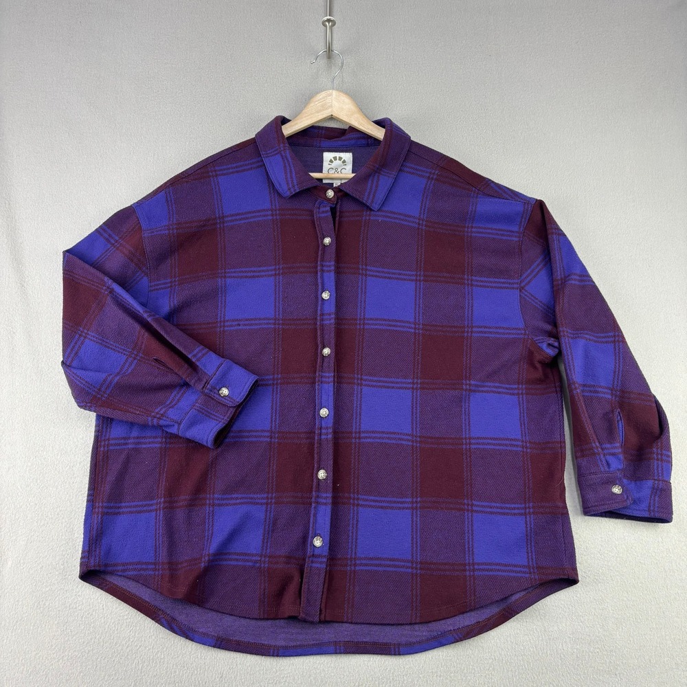 C&C California Plaid Button Down Shirt Women XL Purple Casual Flannel Top